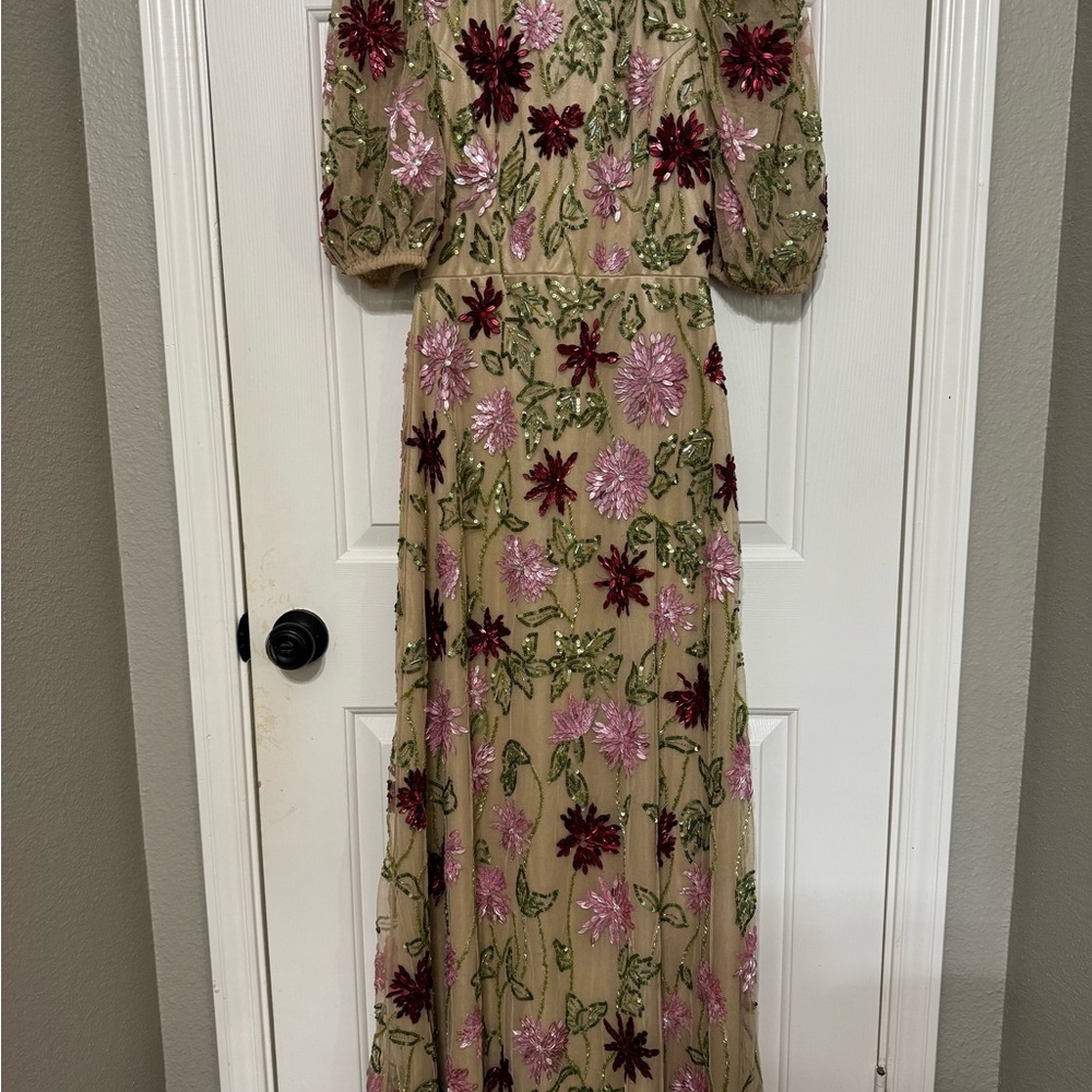 Mac Duggal Tan and Red Puff Sleeve Maxi Dress - Picture 7 of 8